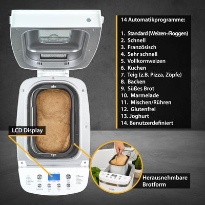 TZS First Austria Multifunktionaler Brotbackautomat | 14 Programme | Zutatenspender | Teigmenge 900g und 1350g | einstellbare Bräunungsgrade | Timer | Warmhaltefunktion | automatische Abschaltung