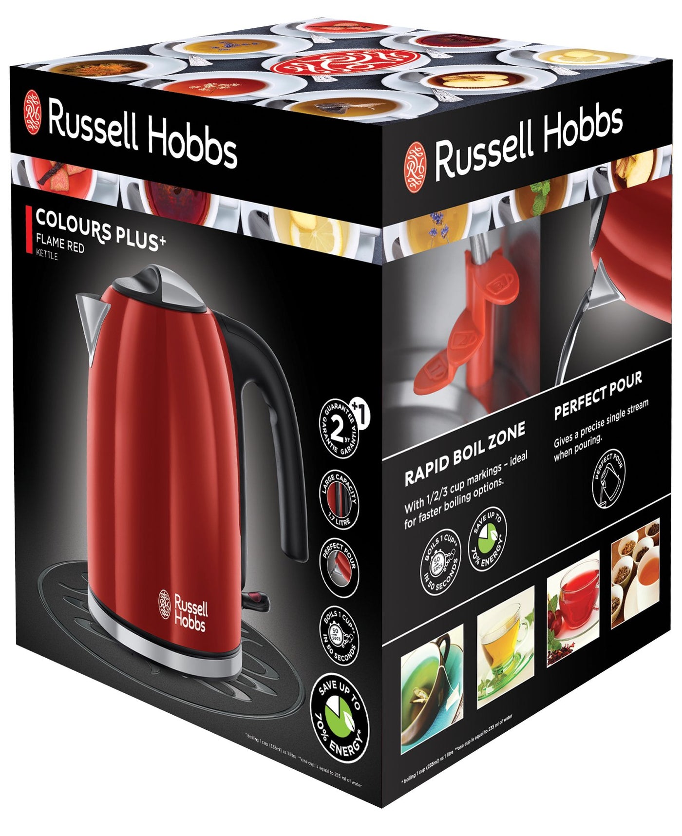 Russell Hobbs Wasserkocher [1,7l, 2400W] Colours+ Edelstahl Rot (Schnellkochfunktion, herausnehmbarer Kalkfilter, optimierte Ausgusstülle, außenliegende Wasserstandsanzeige) Teekocher 20412-70