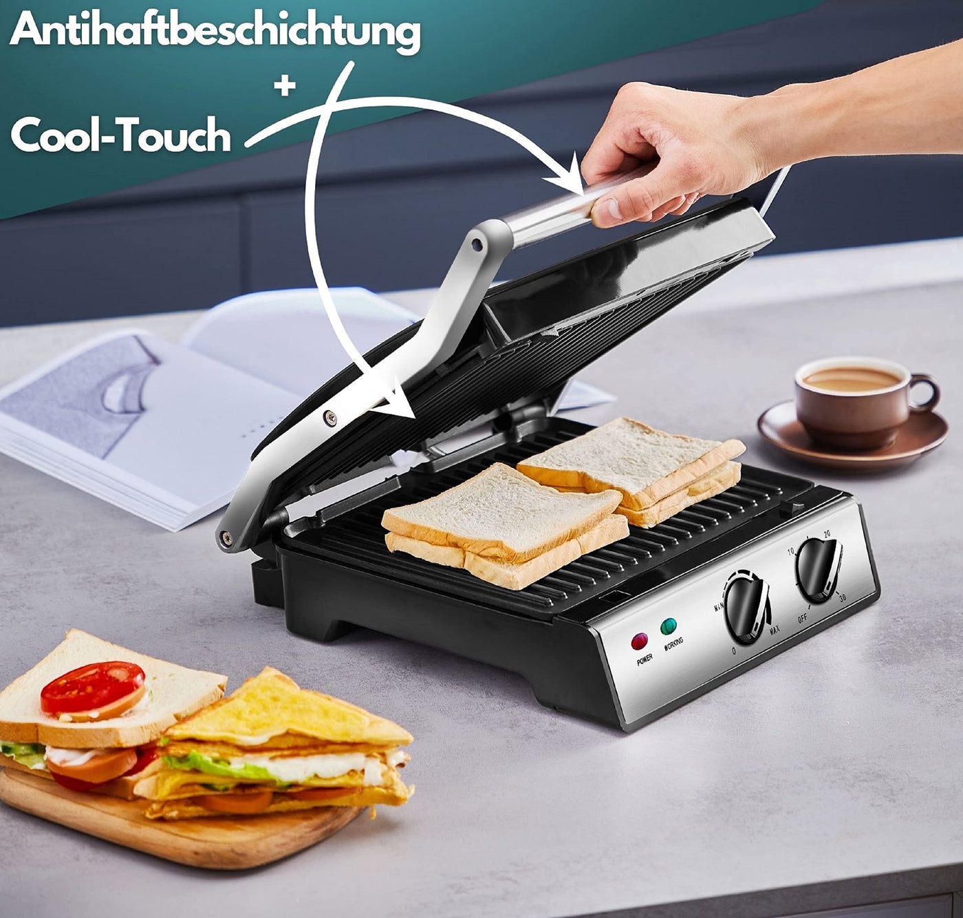 XXL Kontaktgrill abnehmbare Platten | 30 Minuten Timer | Panini Toaster | Sandwichtoaster | elektrischer Tischgrill | Kontaktgrill für Sandwiches, Steak und als Panini grill | Elektro Grill