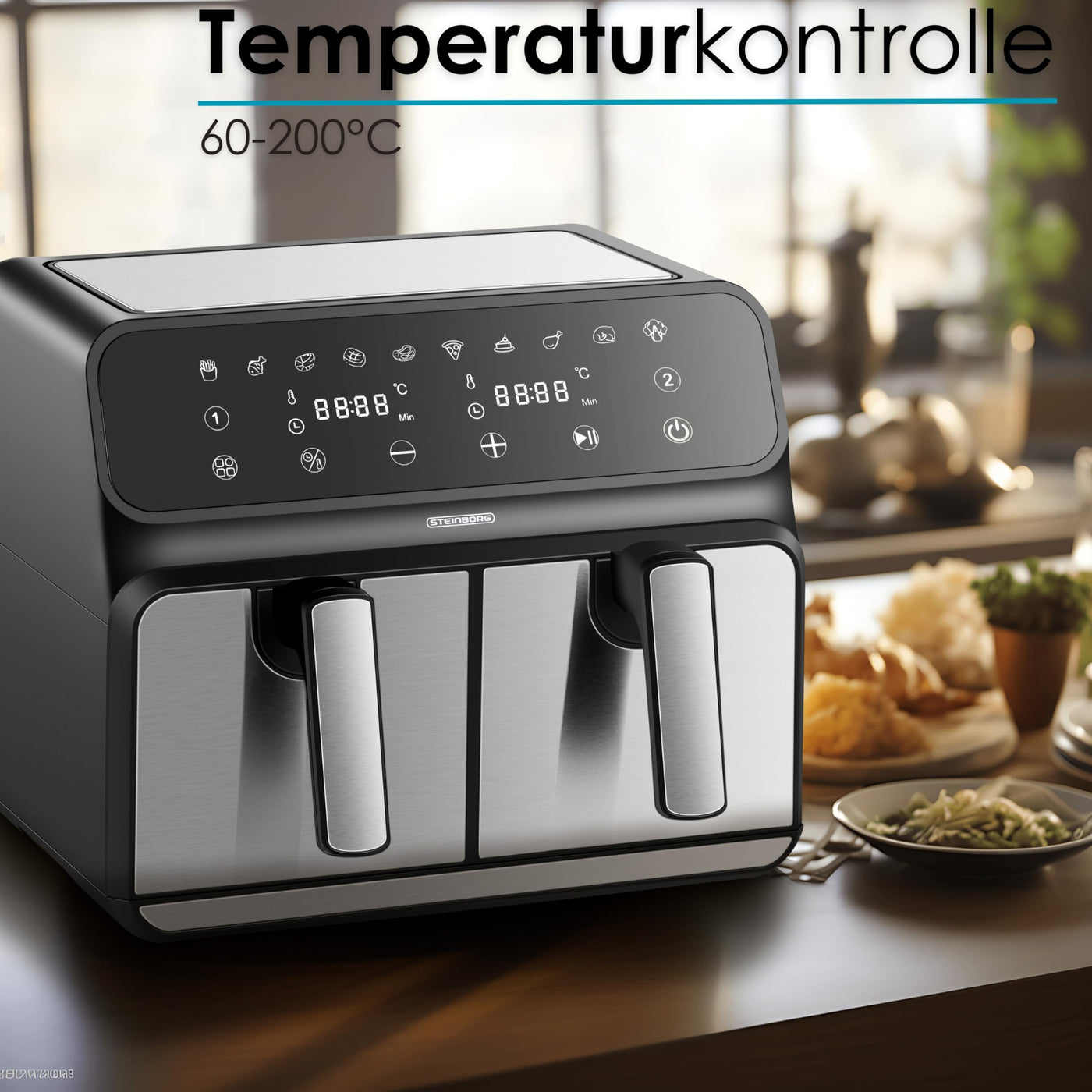 Heißluftfritteuse | 2 Kammern | Heissluftfritteuse | 4 in 1 Mini Backofen | Fritteuse | Dörrautomat | Grillen Backen Dörren Frittieren | Friteuse ohne Öl | Air Fryer | Heißluftofen | Heißluftgrill