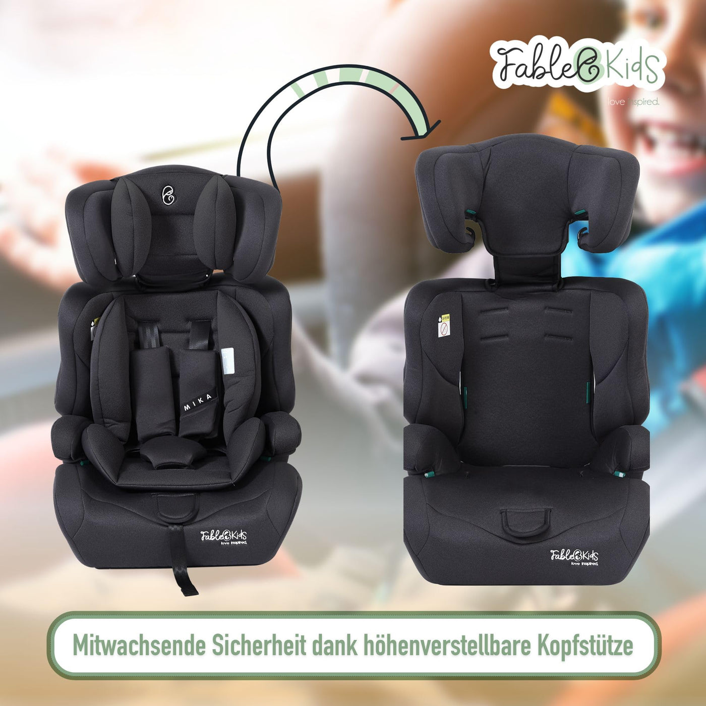 FableKids Kinderautositz | 3-Punkt-Sicherheitsgurt | Autokindersitz ab 15 M. | Autositz für Kinder 76-150 cm | Kindersitz einstellbare Kopfstütze | ECE R129/03 | Verstellbar 44,5x41x68-75cm | Schwarz