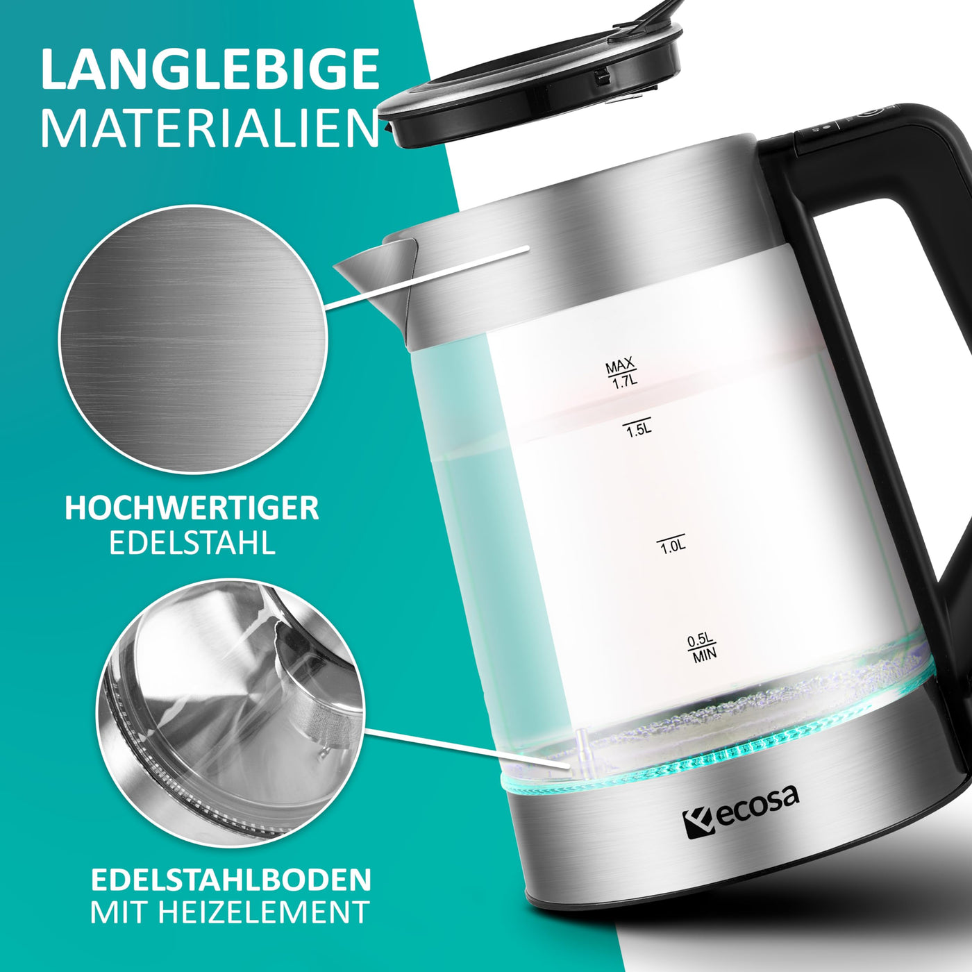 Glas Wasserkocher 1,7 Liter | 2200 Watt | Edelstahl mit Temperaturwahl | Teekocher | 100% BPA FREI | Warmhaltefunktion | LED Beleuchtung im Farbwechsel | Temperatureinstellung (50°C-100°C)