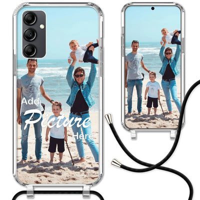 CoverHeld Handyhülle Samsung Galaxy A55 5G mit schwarzem Band selbst gestalten - Silikon Hülle mit Band personaliseren - Dein Design/Bild - Handykette Kordel Band in Schwarz