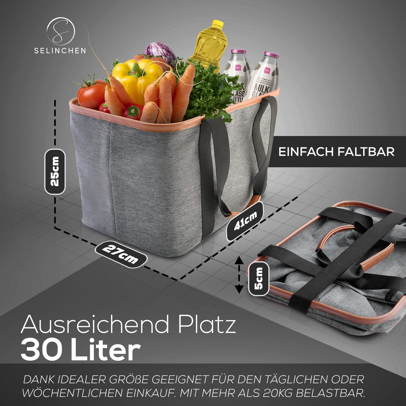 Selinchen® - Premium Einkaufskorb | Hochwertige Einkaufstasche faltbar und mit PU-Ledergriff | Ideal als eleganter Picknickkorb oder Shopper | 30 Liter (Grau)