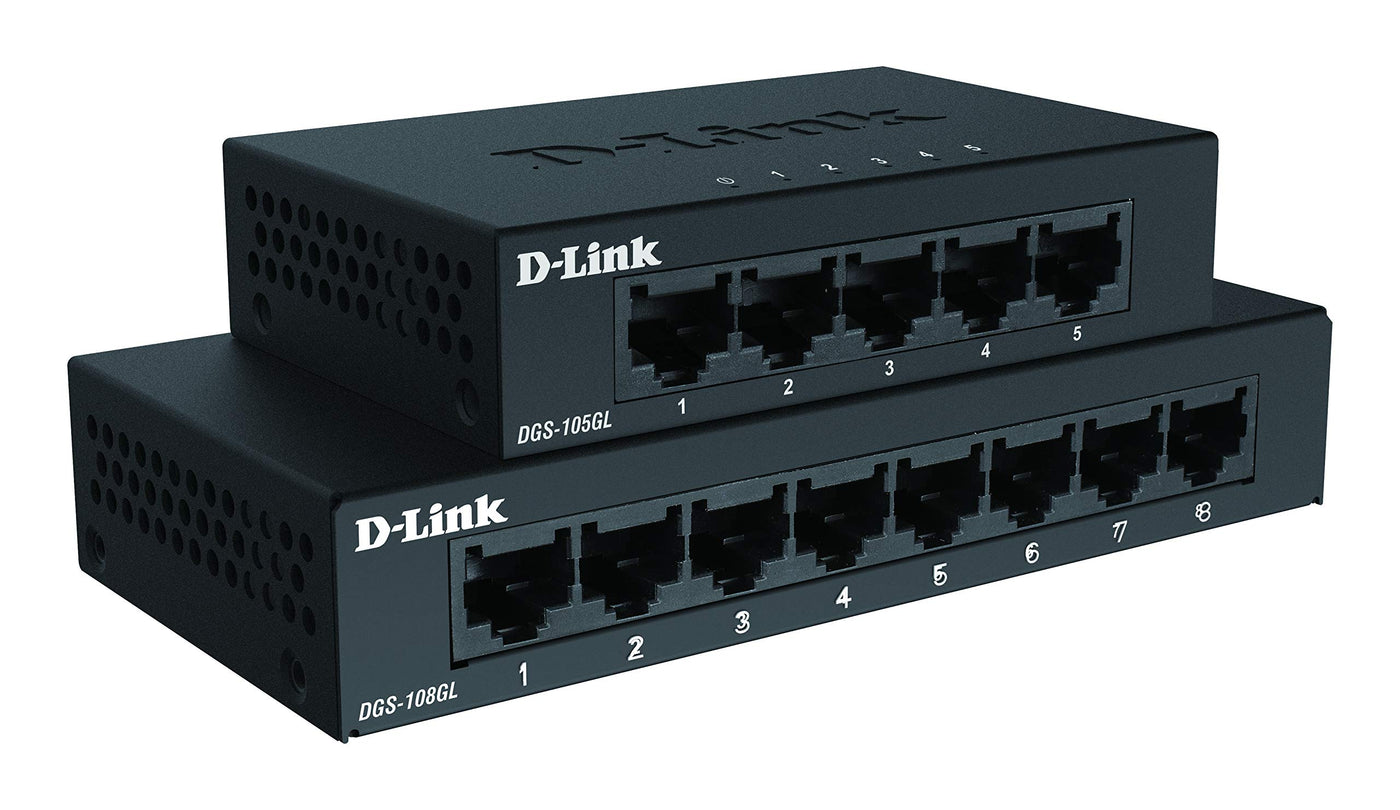 D-Link DGS-105GL 5-Port Unmanaged Gigabit Switch (ohne Lüfter, Metallgehäuse, Desktop, Plug-and-Play, QoS, 802.3az EEE), Black