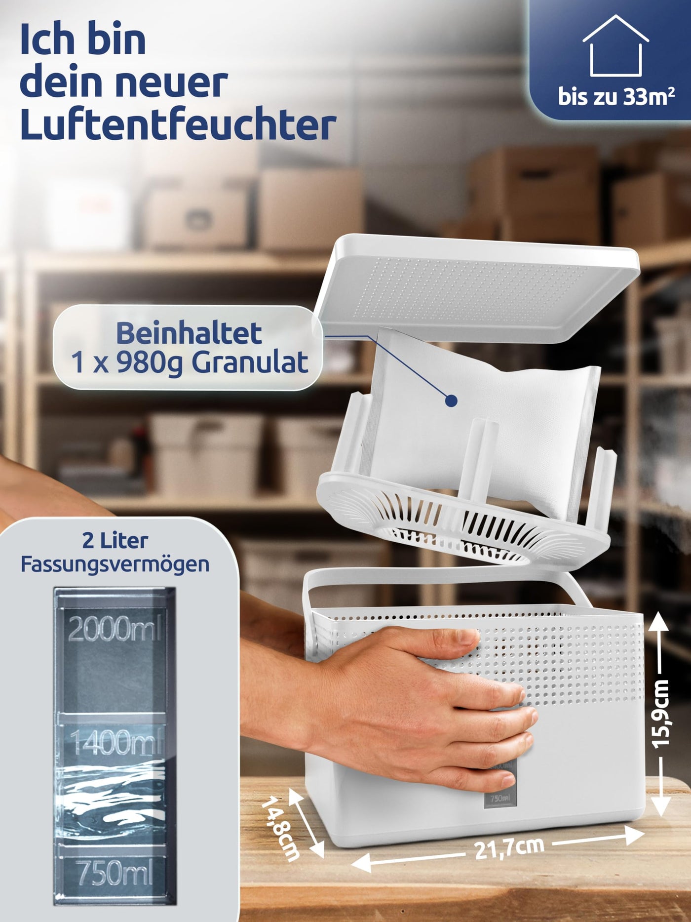 BonAura® AirOne Max Luftentfeuchter ohne Strom bis 33m² I 360° Belüftung I Raumentfeuchter mit Ausgießer & 980g Luftentfeuchter Granulat I Schimmel- und Geruchsschutz I Raum Entfeuchter Keller