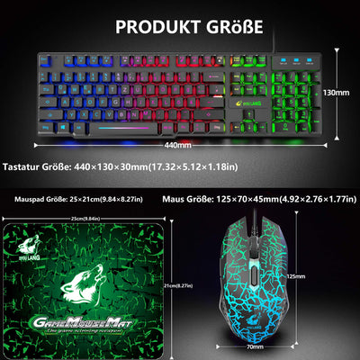 Gaming Tastatur Und Maus Set, QWERTZ German Layout Regenbogen LED Hintergrundbeleuchtung Ergonomische Keyboard 6 Tasten 2400 DPI Maus und Mauspad, USB Verkabelt, Kompatibel mit PS4 Xbox, Schwarz