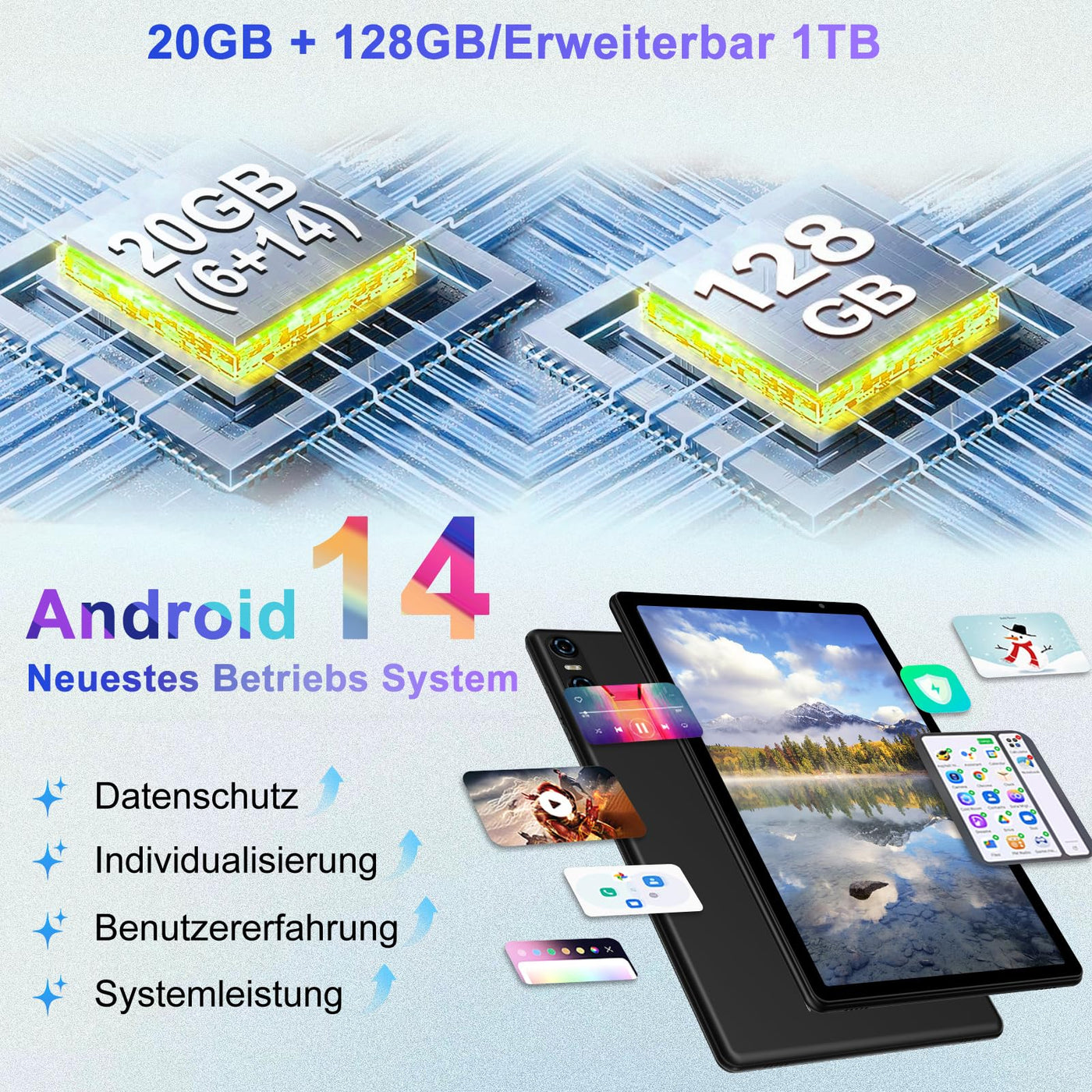 Biegedy Tablet 10 Zoll Android 14 Octa-Core, 2024 Newest Tablet PC 20 GB RAM+128 GB ROM (TF1 TB),5G WLAN 6丨Widevine L1丨GMS丨6000mAh丨5+8MP丨Bluetooth5.0丨1280 * 800丨Tablet mit Tastatur Maus Schwarz