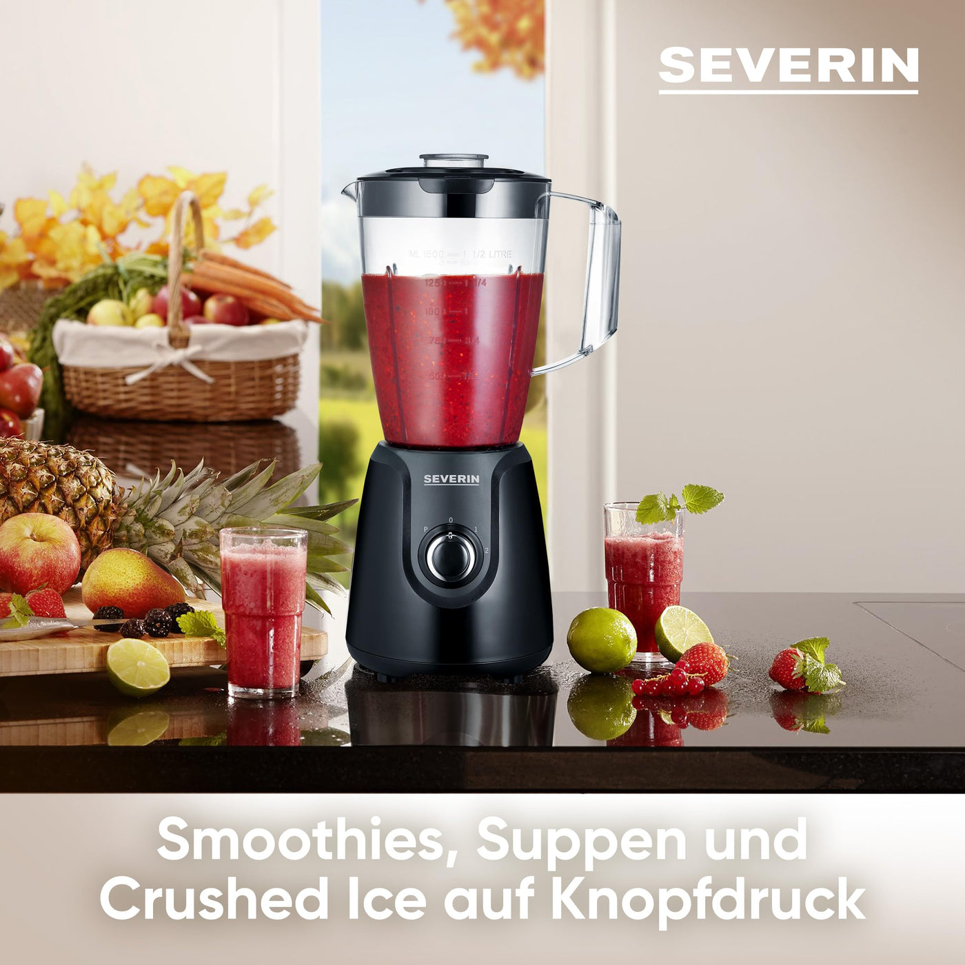 SEVERIN Standmixer mit 1,5 L Mixbehälter aus Tritan, Mixer mit 2 Stufen und Pulse-Funktion, leistungsstarker Küchenmixer mit Edelstahlmesser, 600 W, Schwarz, SM 3707