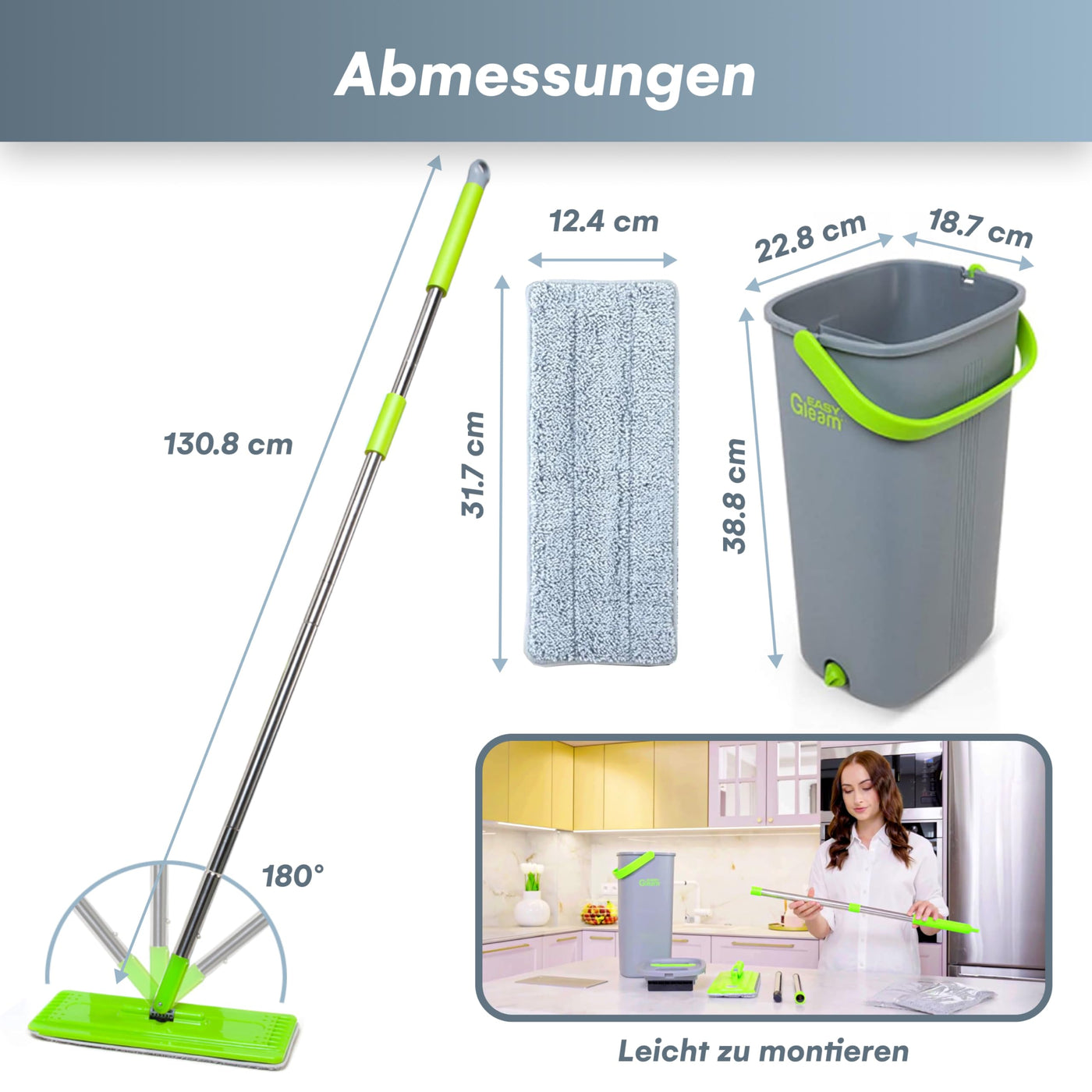 EasyGleam Mop und Eimer Set - Flachbodenmopp mit Teleskopstange, Innovativer Mop Zweikammer Eimer für Nass- und Trockenanwendung, 2 Mikrofaserpads, Perfekt für Alle Bodenarten, Reinigung und Pflege