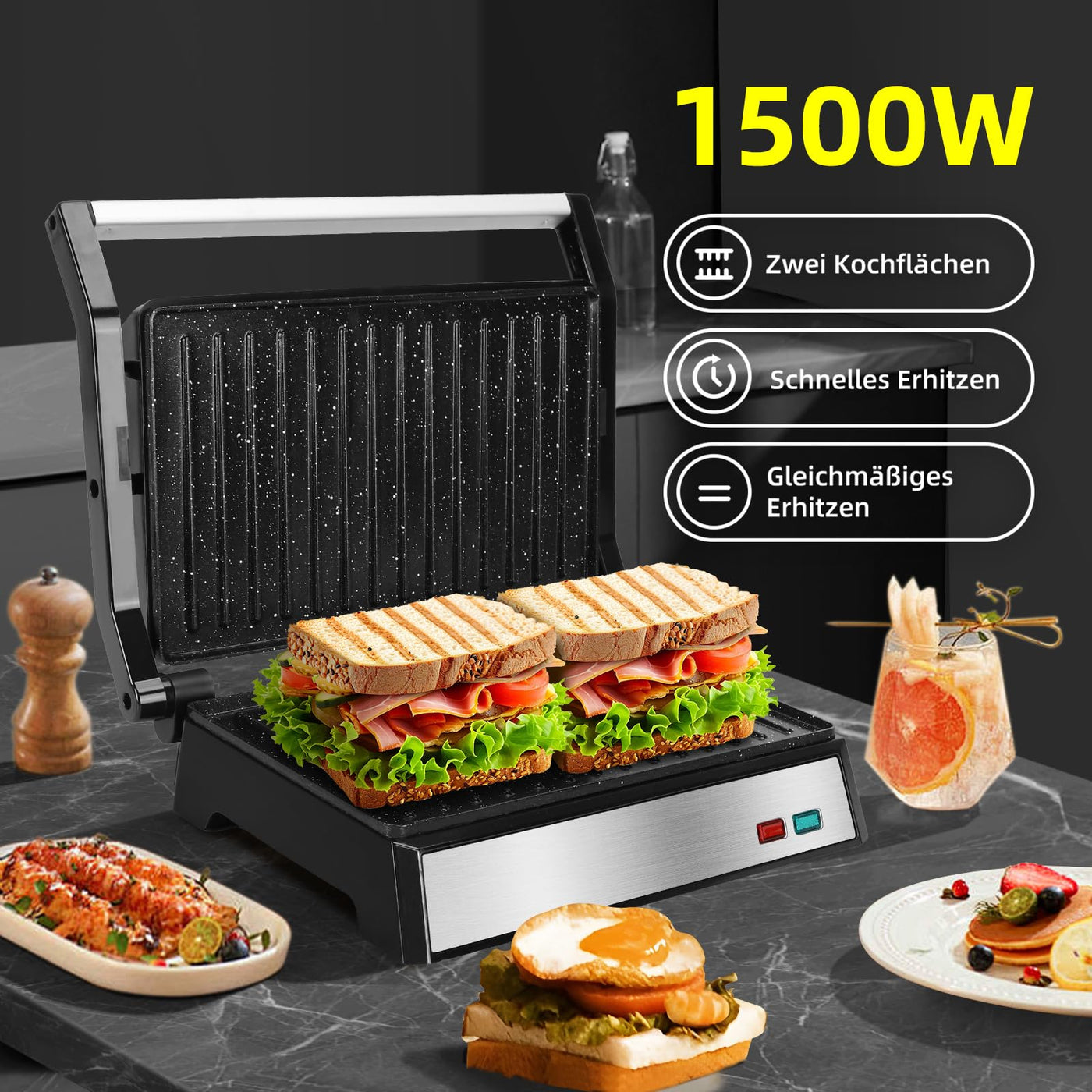 Aigostar Hett pro- Kontaktgrill für Sandwiches, Steak und als Panini Grill, Sandwichmaker mit Antihaftbeschichtung, 1500W Panini Grill mit Abnehmbare Ölsammelbox, 180º Öffnung.