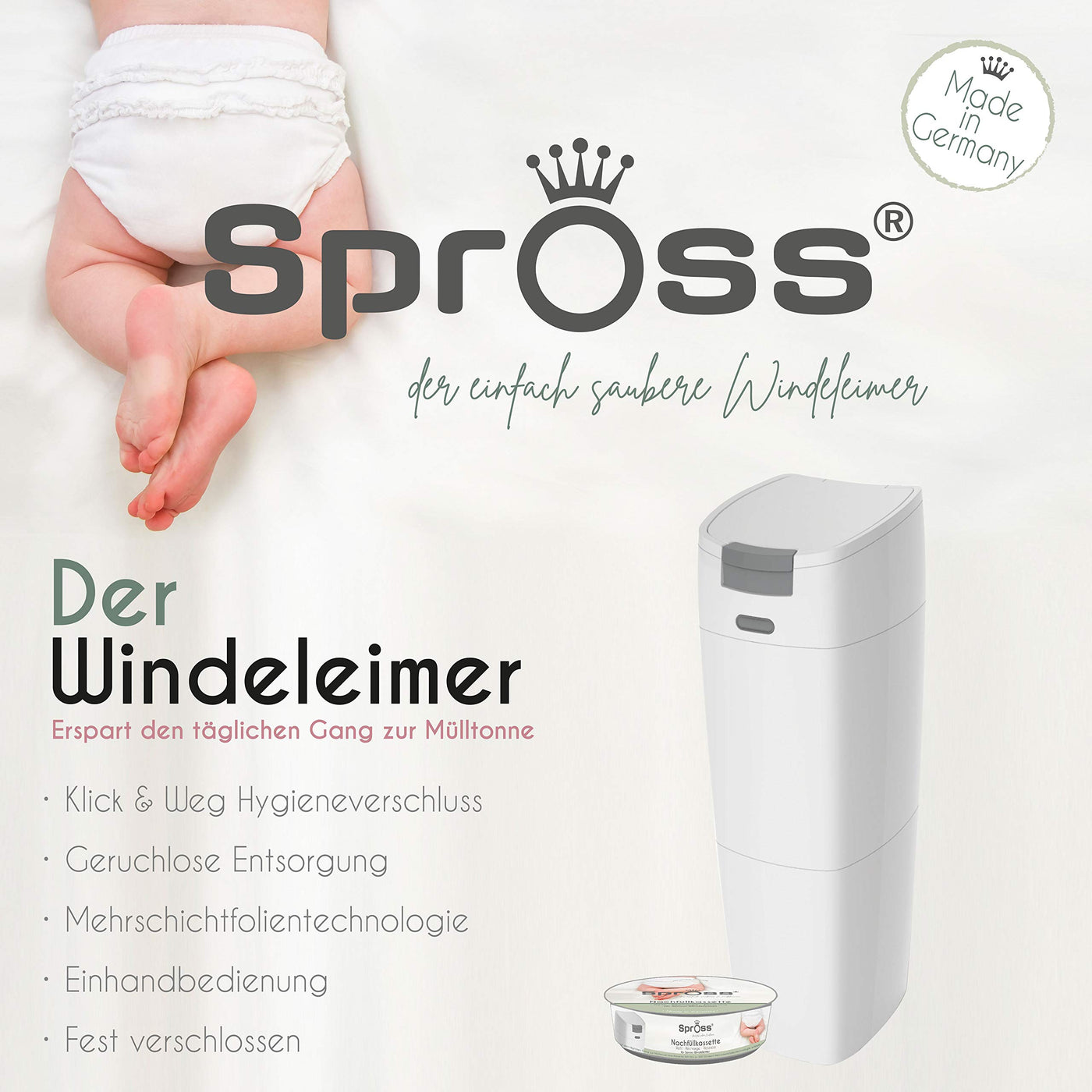 Spross Baby Windeleimer inkl. Nachfüllkassette - geruchsdichtes System mit Einhandbedienung - Mülleimer für Baby Windeln, weiß-grau