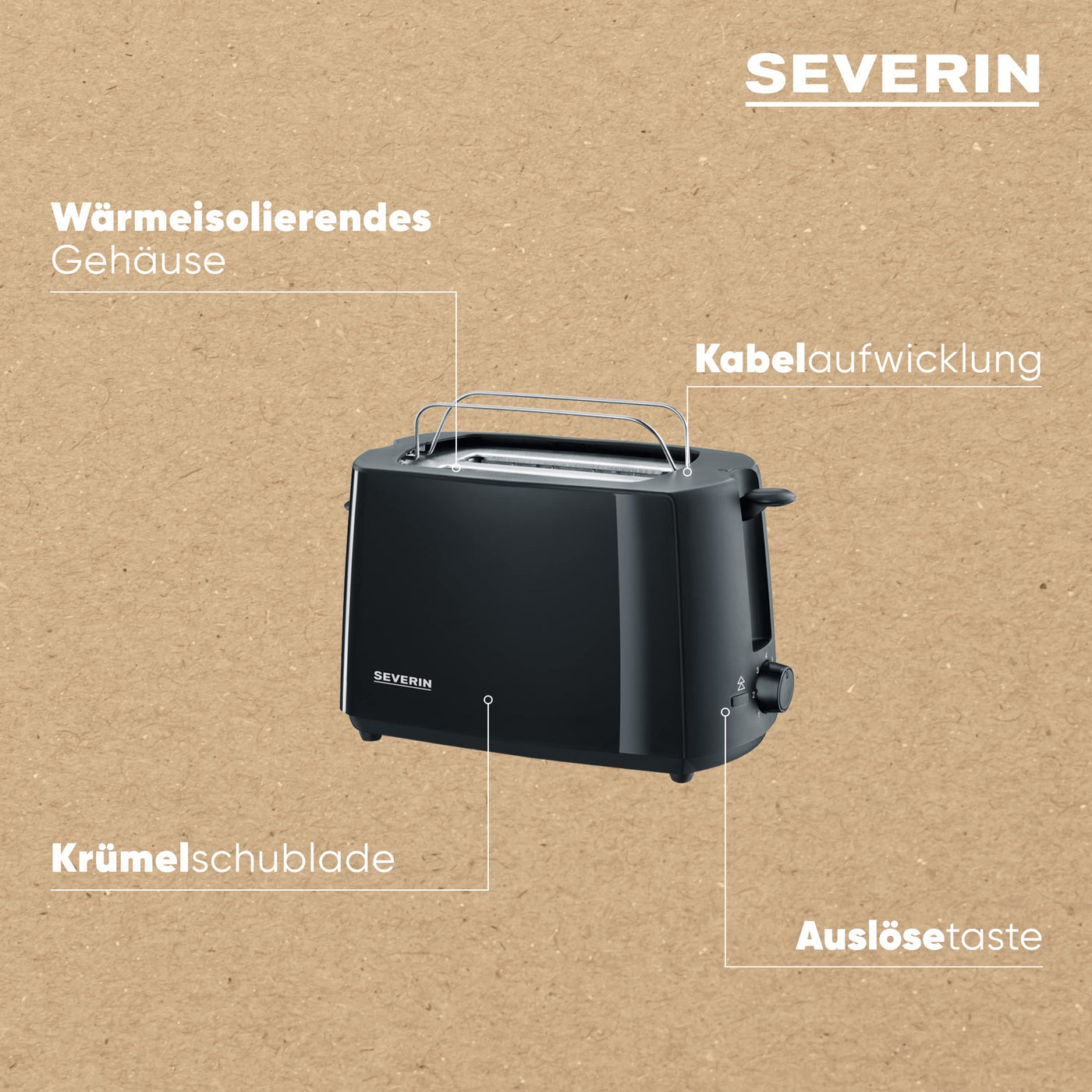 SEVERIN Automatik-Toaster, Toaster mit Brötchenaufsatz, hochwertiger Toaster mit Krümelschublade und 700 W Leistung, schwarz, AT 2287