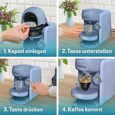 Bosch Tassimo Finesse Kapselmaschine TAS16B7 Kaffeemaschine by, 70 Getränke, intensiverer Kaffee auf Kopfdruck, Abschaltautomatik, perfekt dosiert, platzsparend, 1400 W, lupinenblau