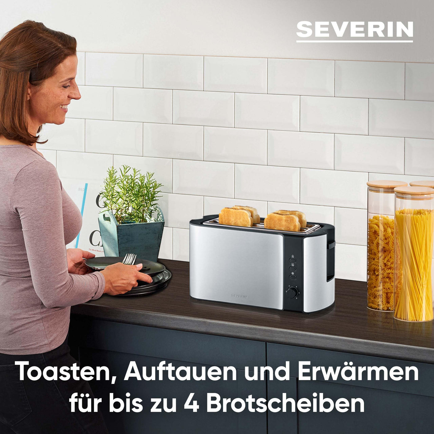 SEVERIN Automatik-Langschlitztoaster für 4 Toastscheiben, mit Brötchenaufsatz hochwertiger Edelstahl Toaster mit großen Röstkammern und 1.400 W Leistung, Edelstahl-gebürstet/schwarz, AT 2590