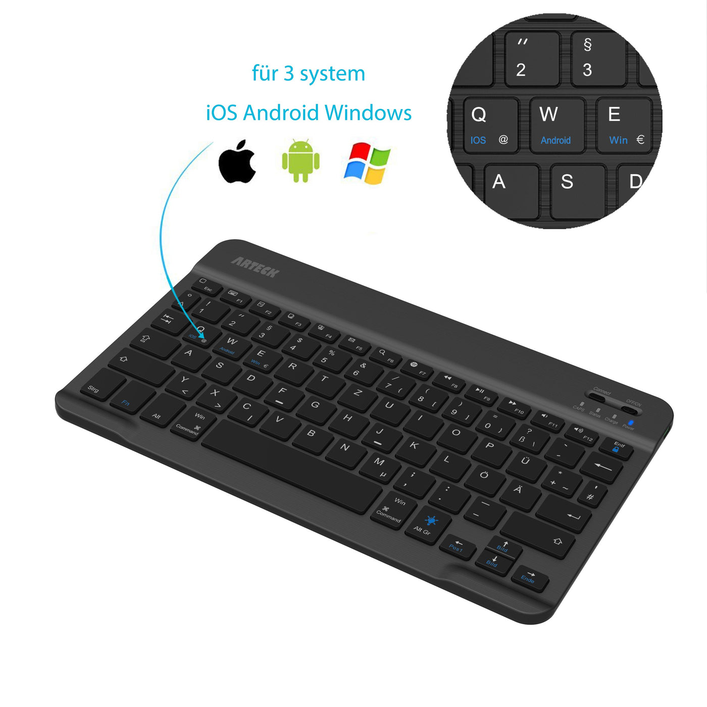 Arteck Bluethooth QWERTZ Deutsche Wireless Tastatur mit 7 Farben Ultraleicht und dünn Tragbare Kabellose, für iPad Pro, Air, Mini, Android, MacOS, Windows, Tablets, PC, Smartphone