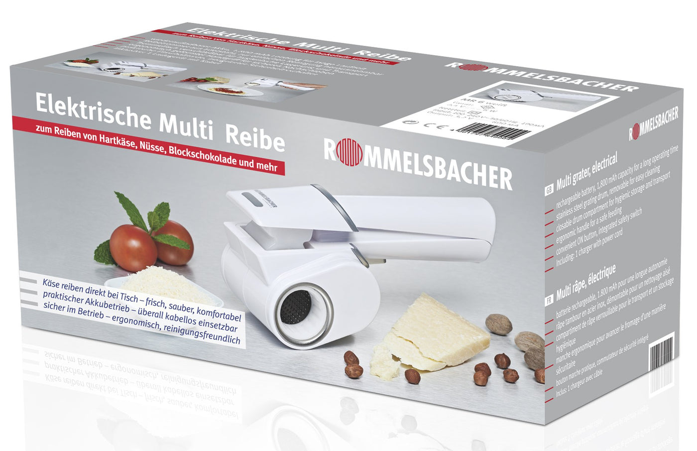 ROMMELSBACHER Multi Reibe MR 6 - herausnehmbare Reibetrommel aus Edelstahl, für Hartkäse, Nüsse, Schokolade & mehr, Power-Akku, weiß