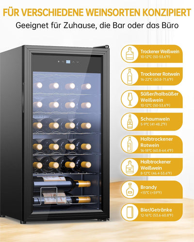 WIE Weinkühlschrank Compressor 82 Liter 28 Flaschen Getränkekühlschrank Kleiner Weinschrank Klein mit Glastür,Vollglas-Designtür mit LED Touchpanel,Anti-UV, Wine Fridge 5-18°C