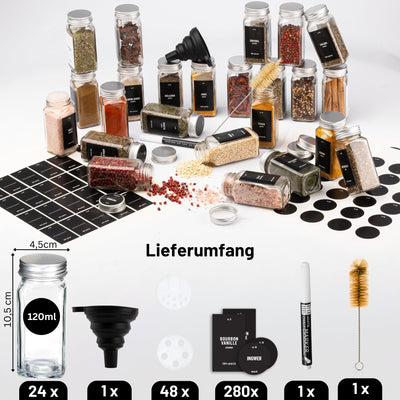 Deco haus® Gewürzgläser eckig mit Schraubkappe 24er Set [+Etiketten & Streueinsatz] - Gewürzdosen Set Glas - Gewürzbehälter Spice Jars - Gewürze Aufbewahrung - Gewürz Organizer Gewürzaufbewahrung