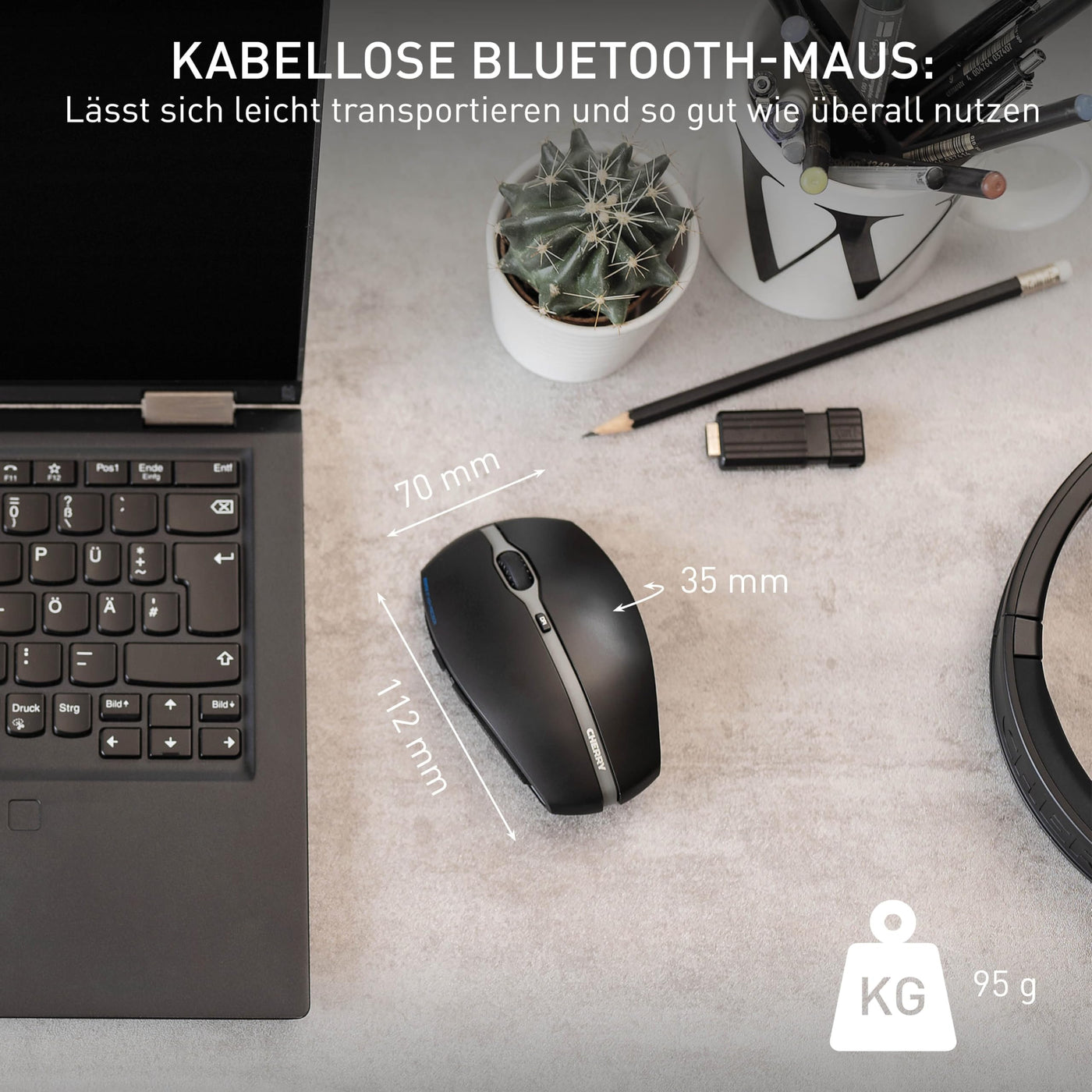 CHERRY GENTIX BT, Kabellose Bluetooth-Maus, Multi-Device-Funktion für bis zu 3 Geräte, Umschaltbare Auflösung (1000/2000 dpi), Batteriebetrieben, Schwarz