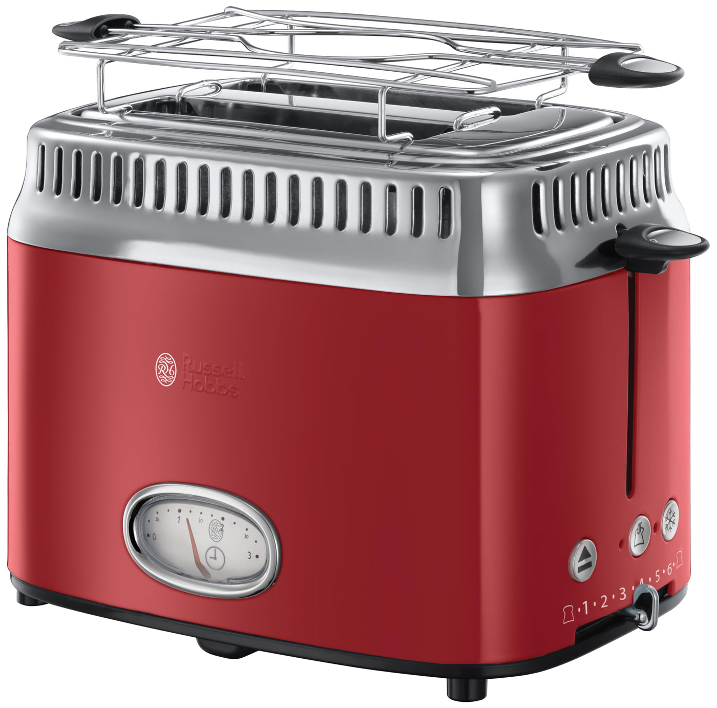 Russell Hobbs Toaster [für 2 Scheiben] Retro Edelstahl Rot (Countdown-Anzeige im Retrodesign, inkl. Brötchenaufsatz, 6 Bräunungsstufen + Auftau- & Aufwärmfunktion, 1300W) Vintage 21680-56