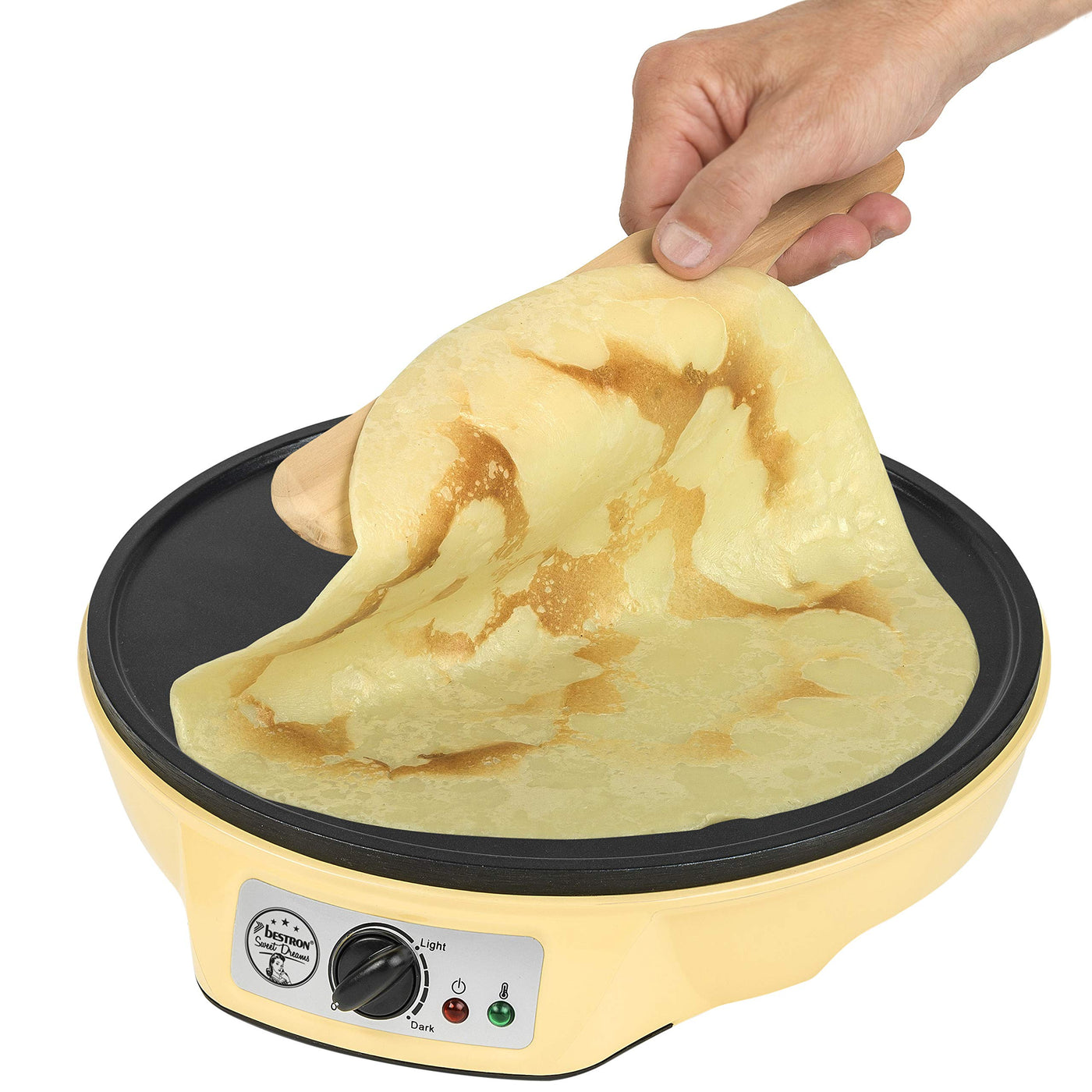 Bestron Crêpes Maker im Retro Design, für Crepes mit Ø 30 cm, inkl. Teigverteiler & Crêpes-Wender, mit Antihaftbeschichtung, 1000 Watt, Farbe: Gelb