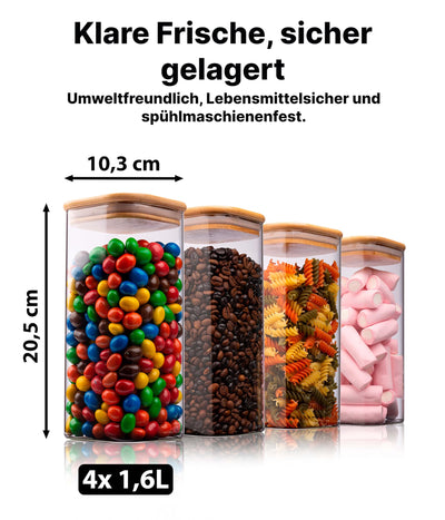 Deco haus® Vorratsgläser mit Deckel 4er Set + Etiketten [LUFTDICHT] - Für Müsli, Cornflakes, Spaghetti - Vorratsdosen Glas - Aufbewahrungsbox Küche - Aufbewahrungsglas 4x1600ml