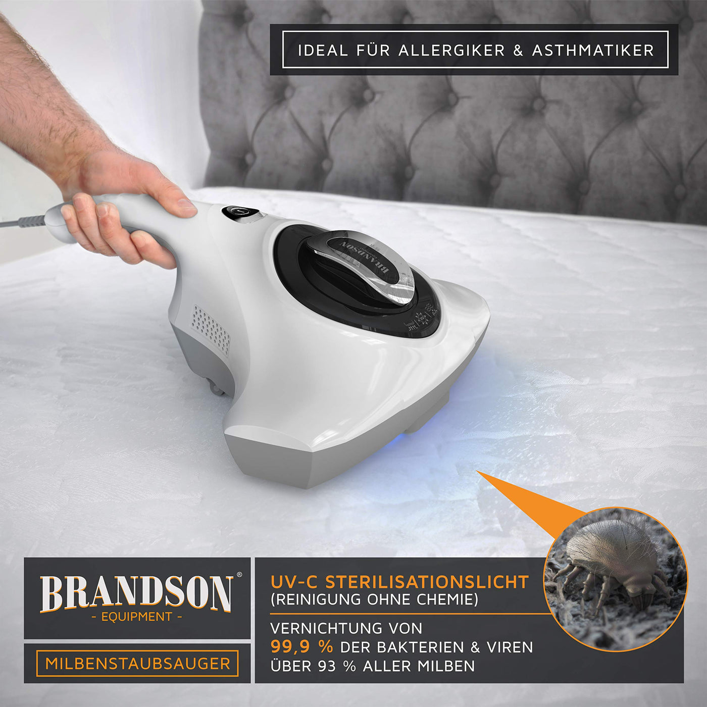 Brandson - Milbenstaubsauger 300W - Matratzensauger Milbensauger mit UV Sterilisationslicht - Schmutzbehälter 150 ml - desinfiziert Betten Bekleidung Polstermöbel - Milbensauger für Allergiker