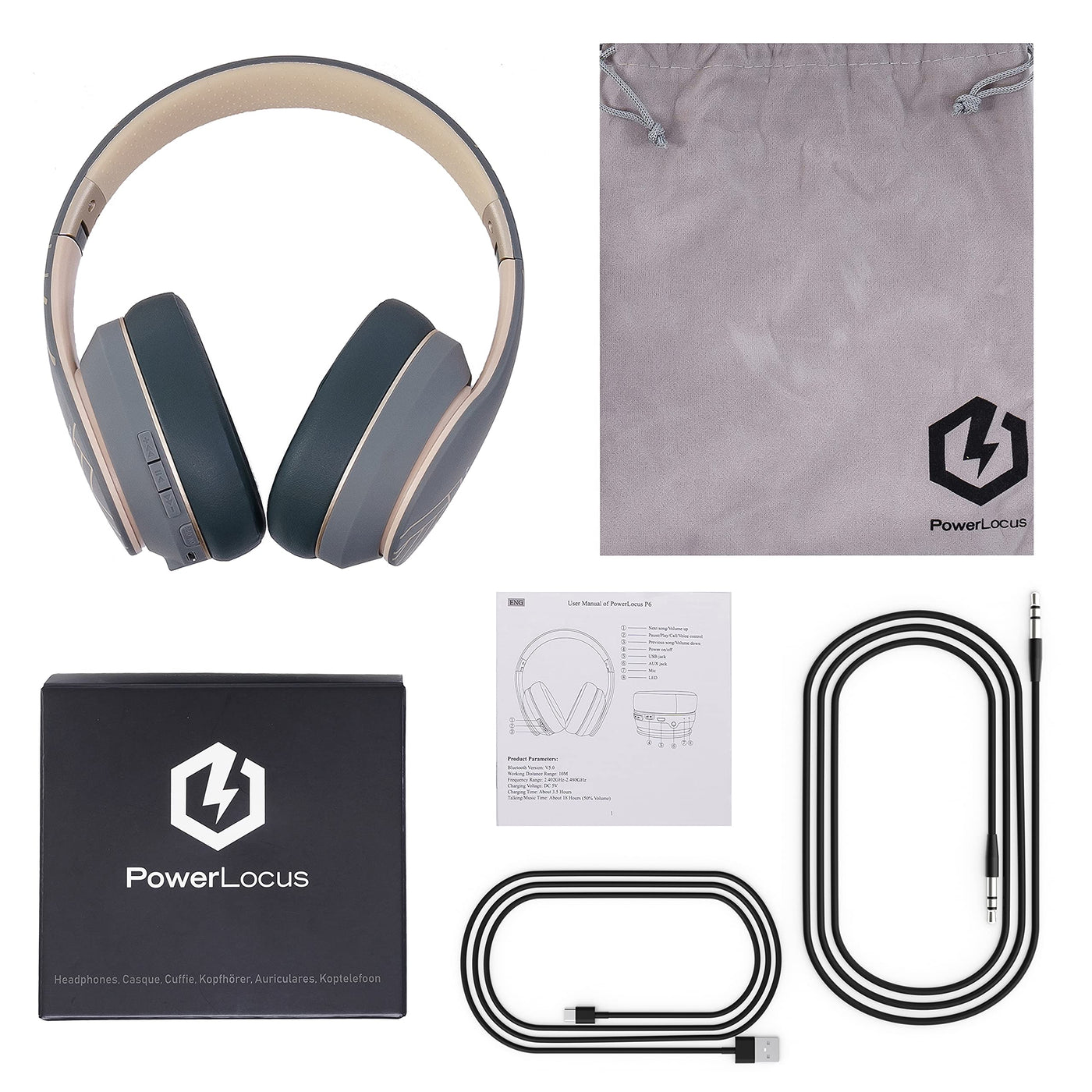 PowerLocus P6 Bluetooth Kopfhörer Over Ear, Over Ear Kopfhörer Kabellos mit Super Bass, 40Std. Spielzeit,Mikrofon,Voice Assistant, Passiv Noise Cancelling für iPhone,Samsung,iPad,PC,Laptop,TV