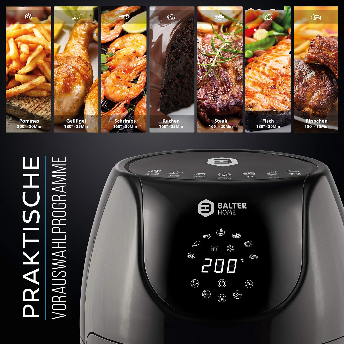 Balter Heißluftfritteuse XL-Touch, Fritteuse, LCD Display, 7 Programme, Rezeptheft, 3.6L - XL Garraum, 1500W, schwarz