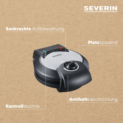 SEVERIN Waffeleisen, Waffeleisen mit Antihaftbeschichtung für klassische Herzwaffeln, platzsparendes Herzwaffeleisen, ca. 1.300 W Leistung, schwarz/ Edelstahl, WA 2103