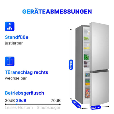 Bomann® Kühlschrank mit Gefrierfach 143cm hoch | Kühl Gefrierkombination 175L mit 3 Ablagen & 3 Schubladen | Türanschlag wechselbar | leise Kühlgefrierkombi 39db | Kühlschrank KG 320.2 inox