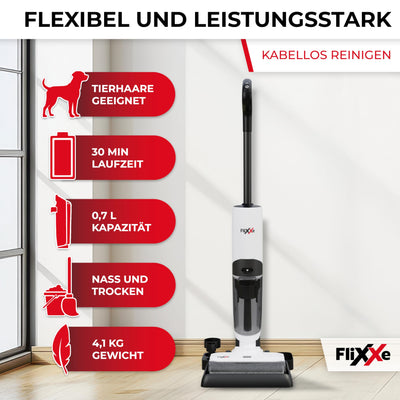 Flixxe 2x2 Squizlle Nass-Trockensauger - kabellos, 150W, 30 Min Laufzeit, LED-Display, Selbstreinigung, X-Sense Technologie, Zwei-Tank-System, Tierhaar-Entfernung, beidseitige Kantenreinigung