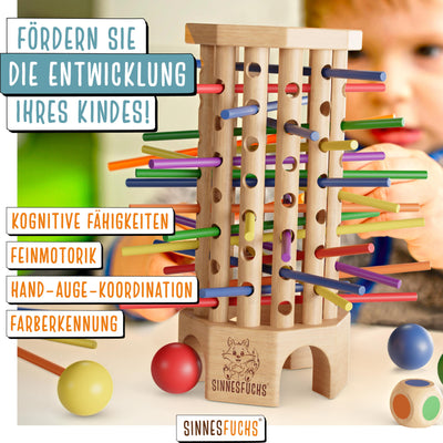 SINNESFUCHS® Farblernturm - Montessori Spielzeug ab 3 Jahre - Holzspielzeug pädagogisch wertvoll - Lernspiele ab 3 Jahre - Stäbchenspiel aus Holz -Kinderspiele ab 4 Jahre - Kinder Farben Spiel