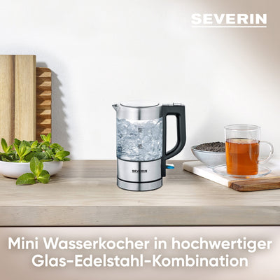 SEVERIN Mini Glas Wasserkocher 0,5 L, leistungsstarker und kompakter Wasserkocher in hochwertigem Design, elektrischer Wasserkocher mit Kalkfilter, edelstahl/schwarz, WK 3472