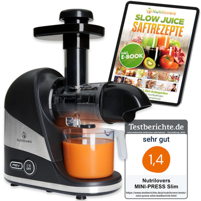 Extracteur de jus de fruits et légumes Nutrilovers Slow Juicer - Marque allemande - Design compact en acier inoxydable, 100 % sans BPA, facile à nettoyer - Livre électronique de recettes + application Nutri-App inclus