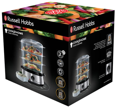 Russell Hobbs Dampfgarer [normale Größe] 9,0l (60 Minuten Timer + Abschaltautomatik, 3 spülmaschinengeeignete Dampfgarbehälter + Reisschale / Reiskocher + 6 Eierhalter /Eierkocher, BPA-frei) 19270-56