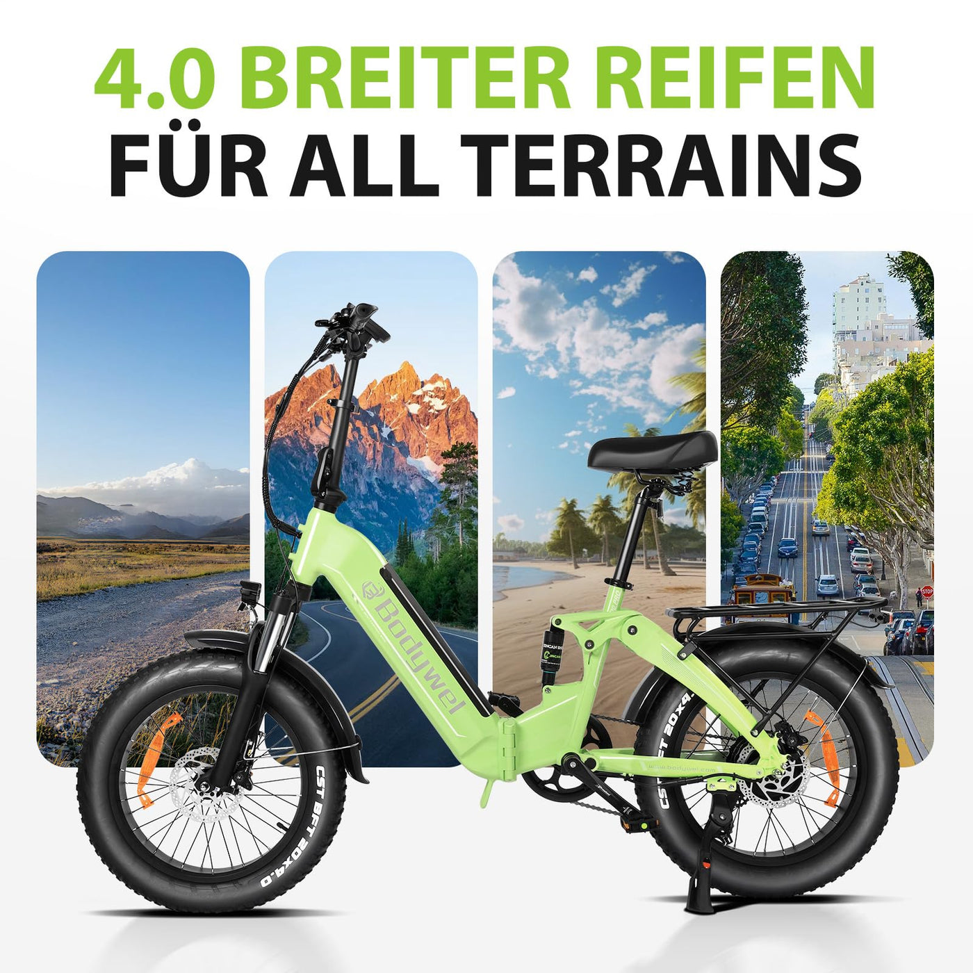 Bodywel F20Pro 4.0 Fat E Bike 250W Elektrofahrräder 48V 15.6AH Akku hydraulischer Bremsen Volle Federung APP Funk City tiefeinsteiger E Bike Damen Herren (Schwarz)