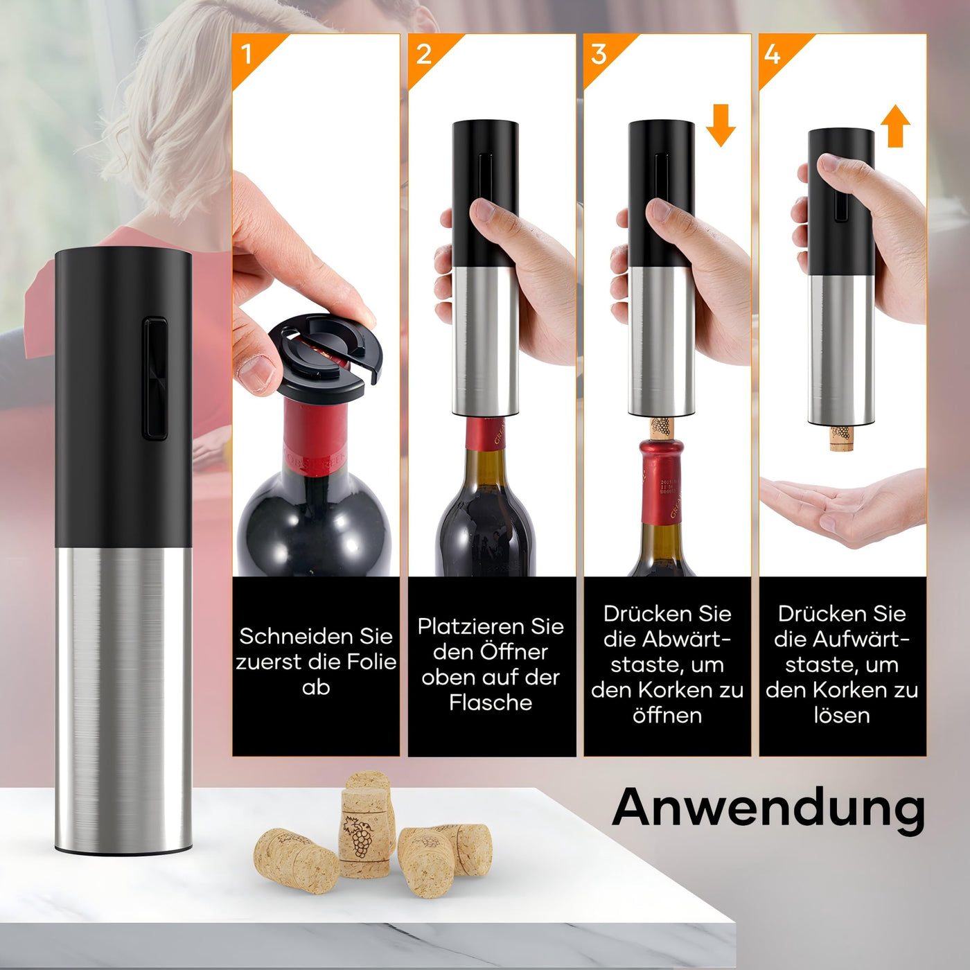 Korkenzieher Elektrisch, Assark Weinflaschenöffner Set, Automatischer Flaschenöffner, Geschenkidee Weinflaschenöffner, Korkenzieher Wein mit Folienschneider, USB-Kabel, Vakuumstopfen und Weinausgießer