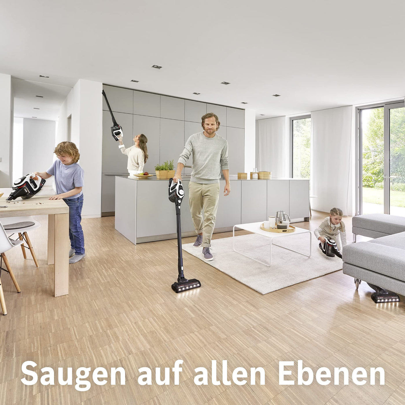 Bosch Akku-Staubsauger Unlimited Gen2 Serie 8 BKS8214W, beutellos, bis 45 Min Laufzeit, austauschbarer Akku, LED-Beleuchtung, automatische Anpassung an alle Bodenarten, XXL-Polsterdüse, weiß