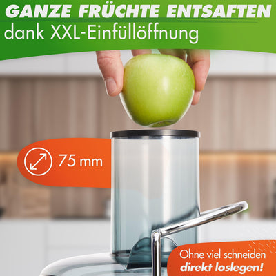 Nutrilovers *Testsieger* QUICK-JUICER Entsafter Edelstahl Obst und Gemüse I XXL-Einwurf für ganze Früchte entsaften, 800W, 2 Geschwindigkeiten, BPA-frei inkl. Trinkflasche + Rezepte Buch & App