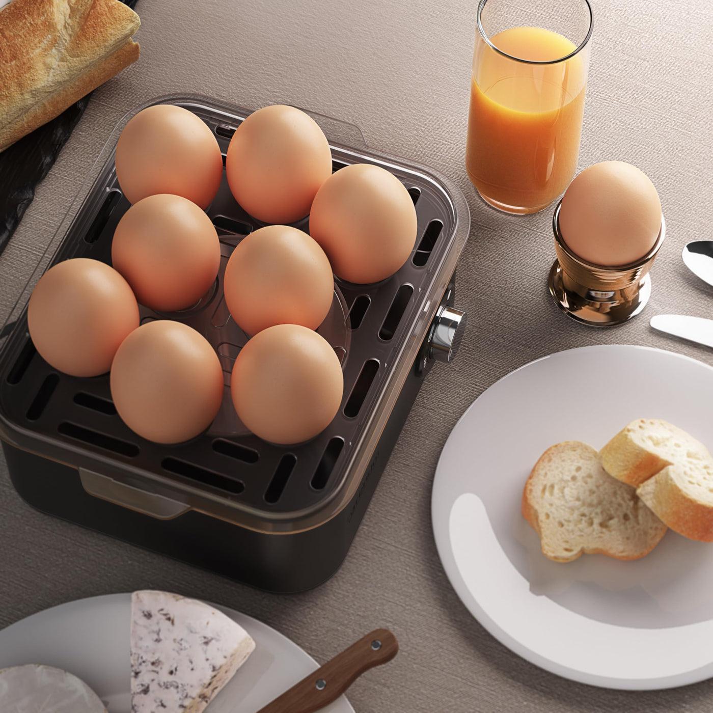 Arendo - Eierkocher Edelstahl für 1 bis 8 Eier - Egg Cooker - 500 W – Kontroll Leuchte – Drehregler für drei Härtegrade - spülmaschinengeeignet | Cool Grey