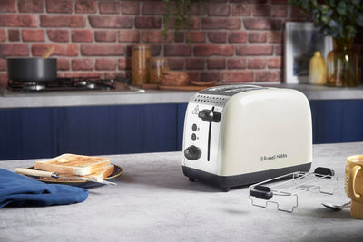 Grille-pain Russell Hobbs [pour 2 tranches] Colours Plus en acier inoxydable crème (fentes de toast extra larges, y compris chauffe-petits pains, 6 niveaux de brunissage + fonction décongélation, fonction Lift &amp; Look, 1600 W) 26551-56