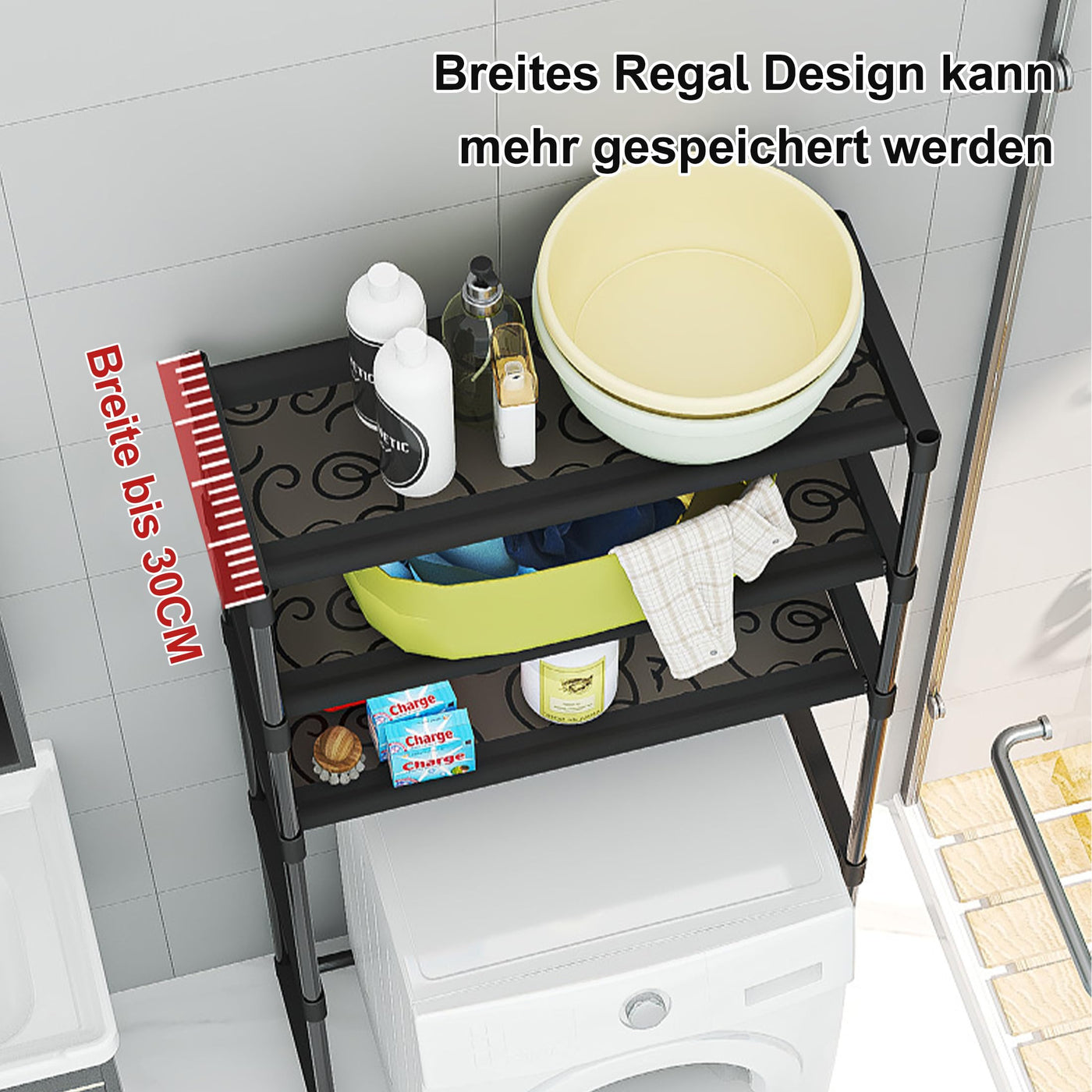 acfeco Waschmaschinenregal mit 3 Ablagen, Waschmaschinen Regal, Badezimmerregal, Regal über Waschmaschine Toilette, Badregal, WC Regal Platzsparender(Schwarz)