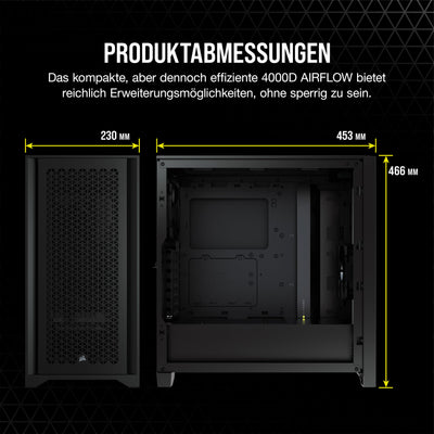 CORSAIR 4000D AIRFLOW Gehärtetes Glas Mid–Tower ATX–Gehäuse – Hohe Luftzirkulation – miditower management–System – Geräumiges Interieur – Zwei Mitgelieferte 120–mm–Lüfter – Schwarz