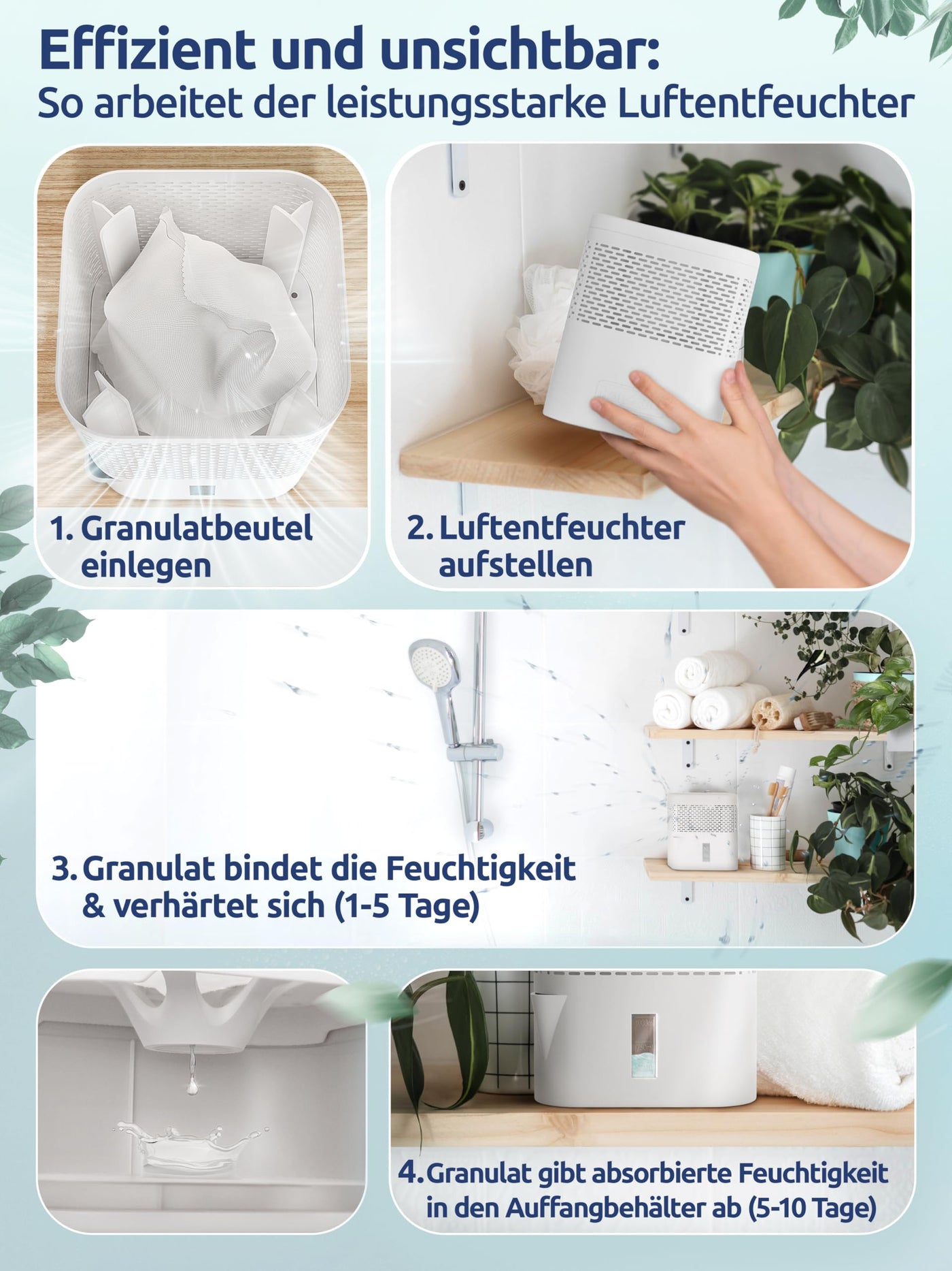 BonAura® AirOne Lite Luftentfeuchter ohne Strom mit 360° Belüftung I Raumentfeuchter mit Ausgießer & 450g Luftentfeuchter Granulat I Raum Entfeuchter für Bad & Küche bis 16m²