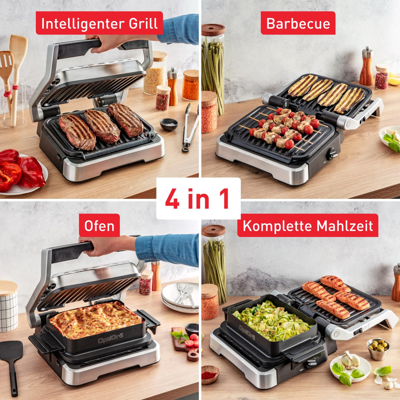 Tefal OptiGrill 4in1 Kontaktgrill mit Backschale, Aufklappbar, Tischgrill, 9 Programme, Garstufenanzeige, Elektrogrill, Backofen, GC776D10, Edelstahl/Schwarz