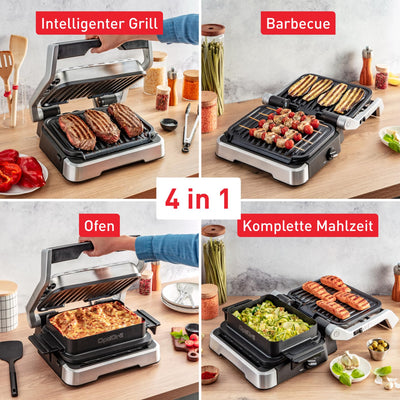 Tefal OptiGrill 4in1 Kontaktgrill mit Backschale, Aufklappbar, Tischgrill, 9 Programme, Garstufenanzeige, Elektrogrill, Backofen, GC776D10, Edelstahl/Schwarz