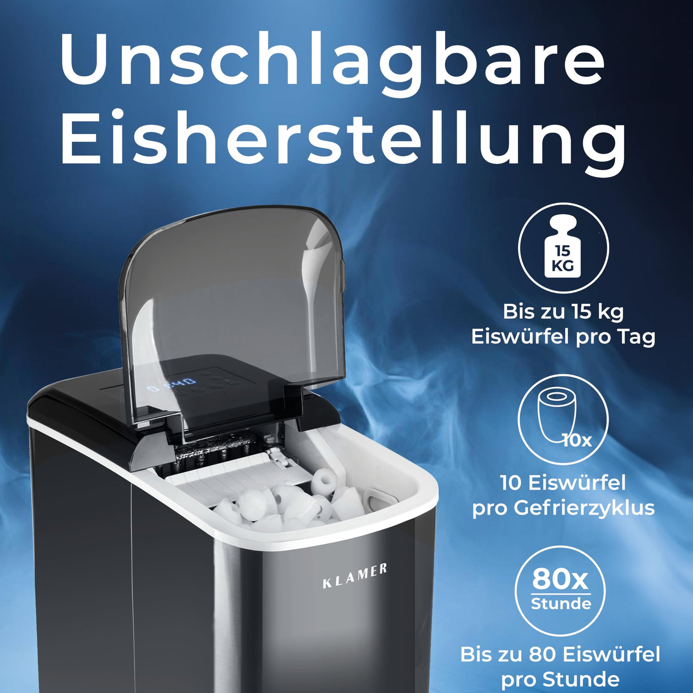 KLAMER Eiswürfelmaschine (2024), 10 Eiswürfel in 7-9 Minuten, 15 kg Eiswürfel pro Tag, 2 Eiswürfelgrößen, 2,1 L Wassertank, 120 W Ice Maker mit Timer, Leiser Eiswürfelbereiter mit Eisschaufel Schwarz