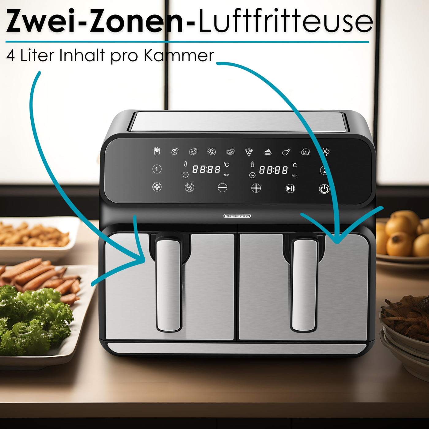 Heißluftfritteuse | 2 Kammern | Heissluftfritteuse | 4 in 1 Mini Backofen | Fritteuse | Dörrautomat | Grillen Backen Dörren Frittieren | Friteuse ohne Öl | Air Fryer | Heißluftofen | Heißluftgrill